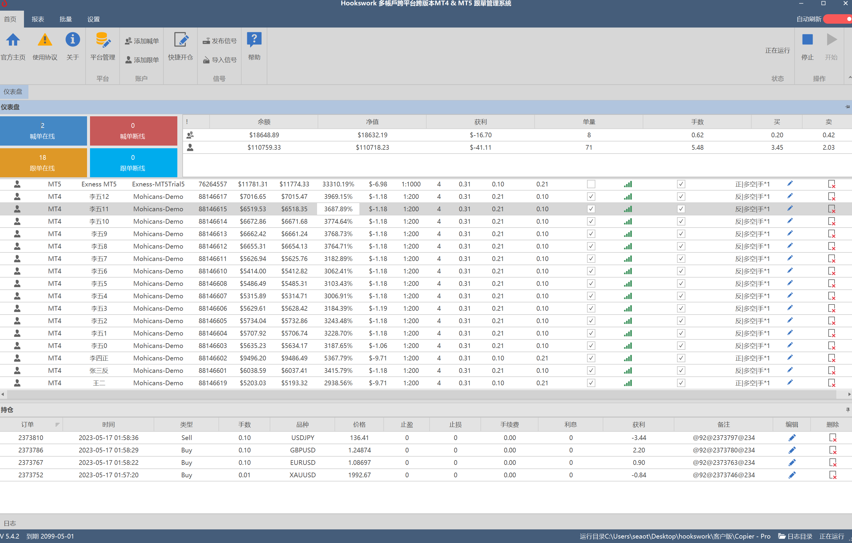 Hookswork多帐户跨平台 MT4 & MT5 跟单软件